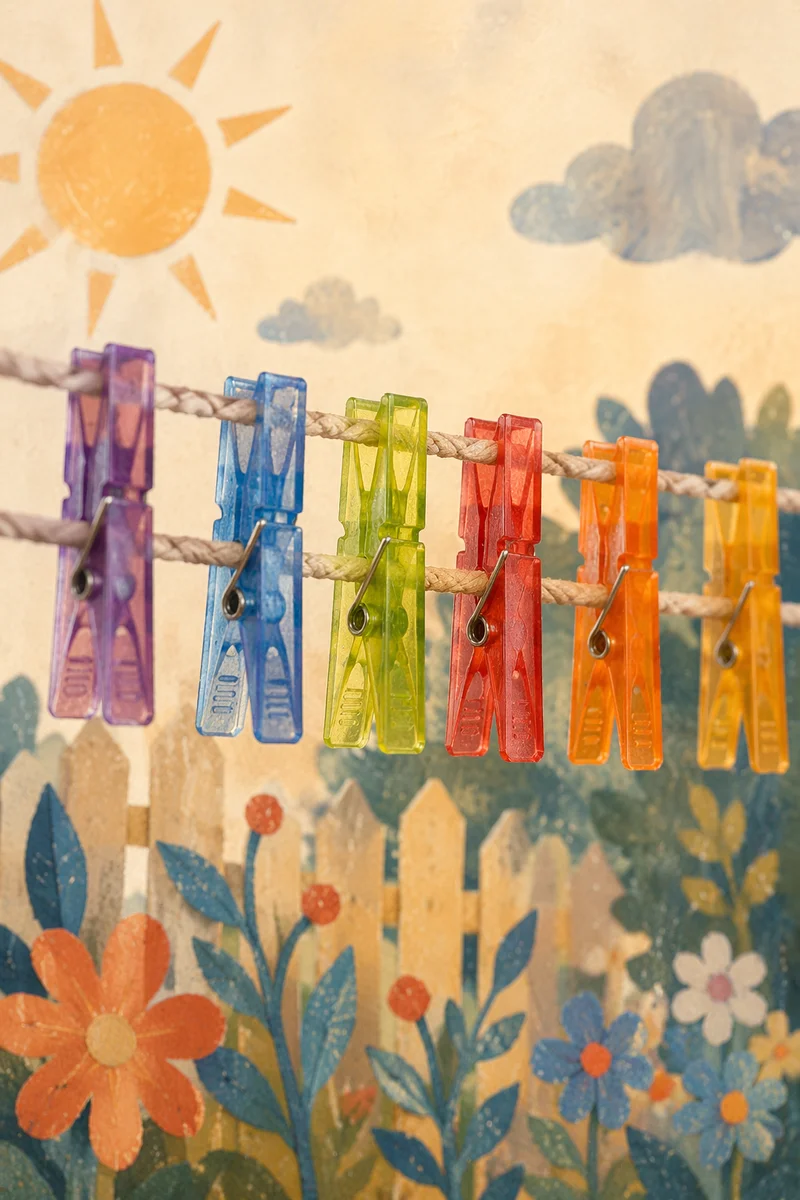 Sunny Backyard Clothesline with Colorful Clothespins