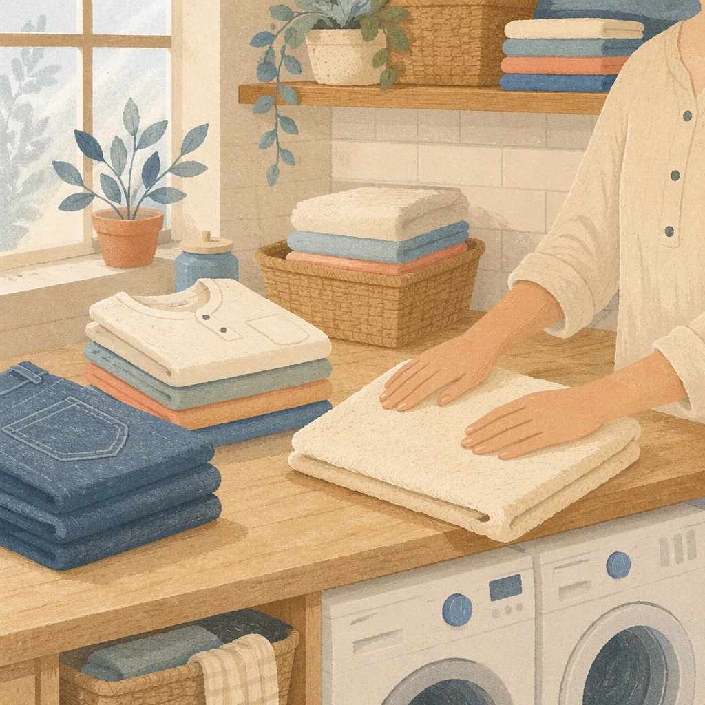Sunlit Laundry Room with Folded Clothes