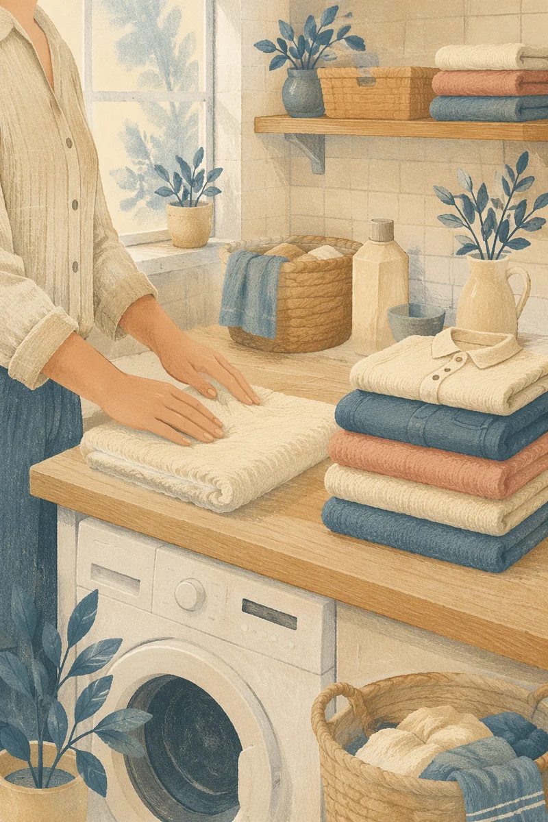 Sunlit Laundry Room with Folded Clothes