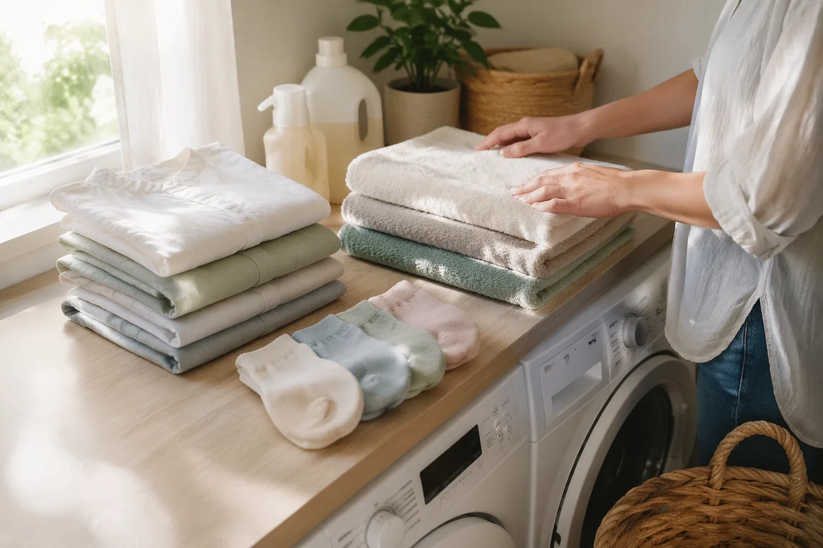 Bright Laundry Room with Folded Clothes