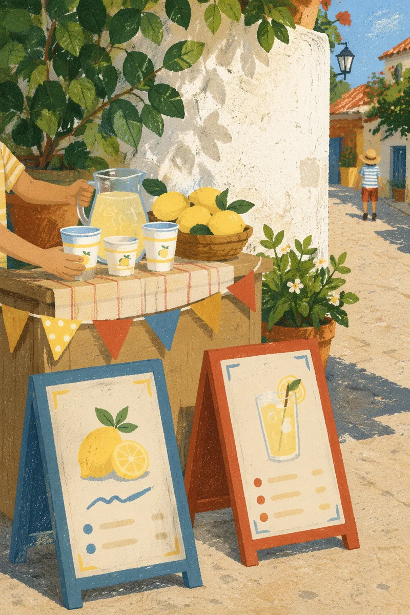 Children Lemonade Stand on Sunny Sidewalk