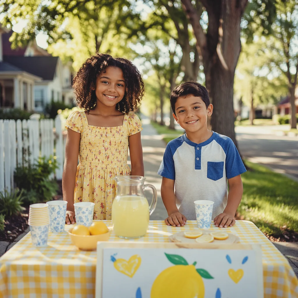 Children at Lemonade Stand on Sidewalk