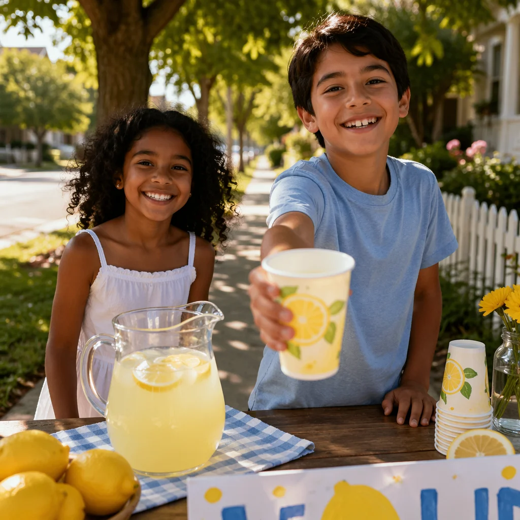 Children Running Lemonade Stand on Sidewalk