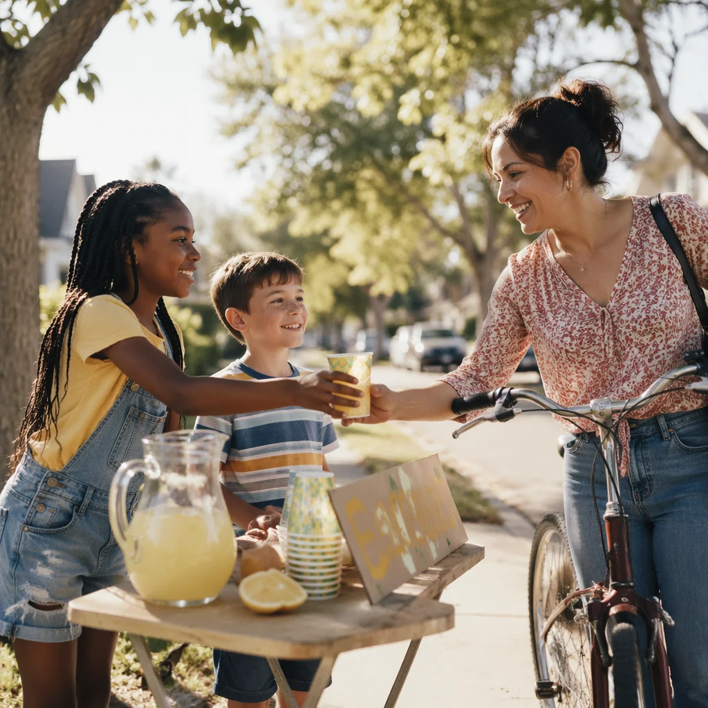 Children Selling Lemonade on Sunny Sidewalk