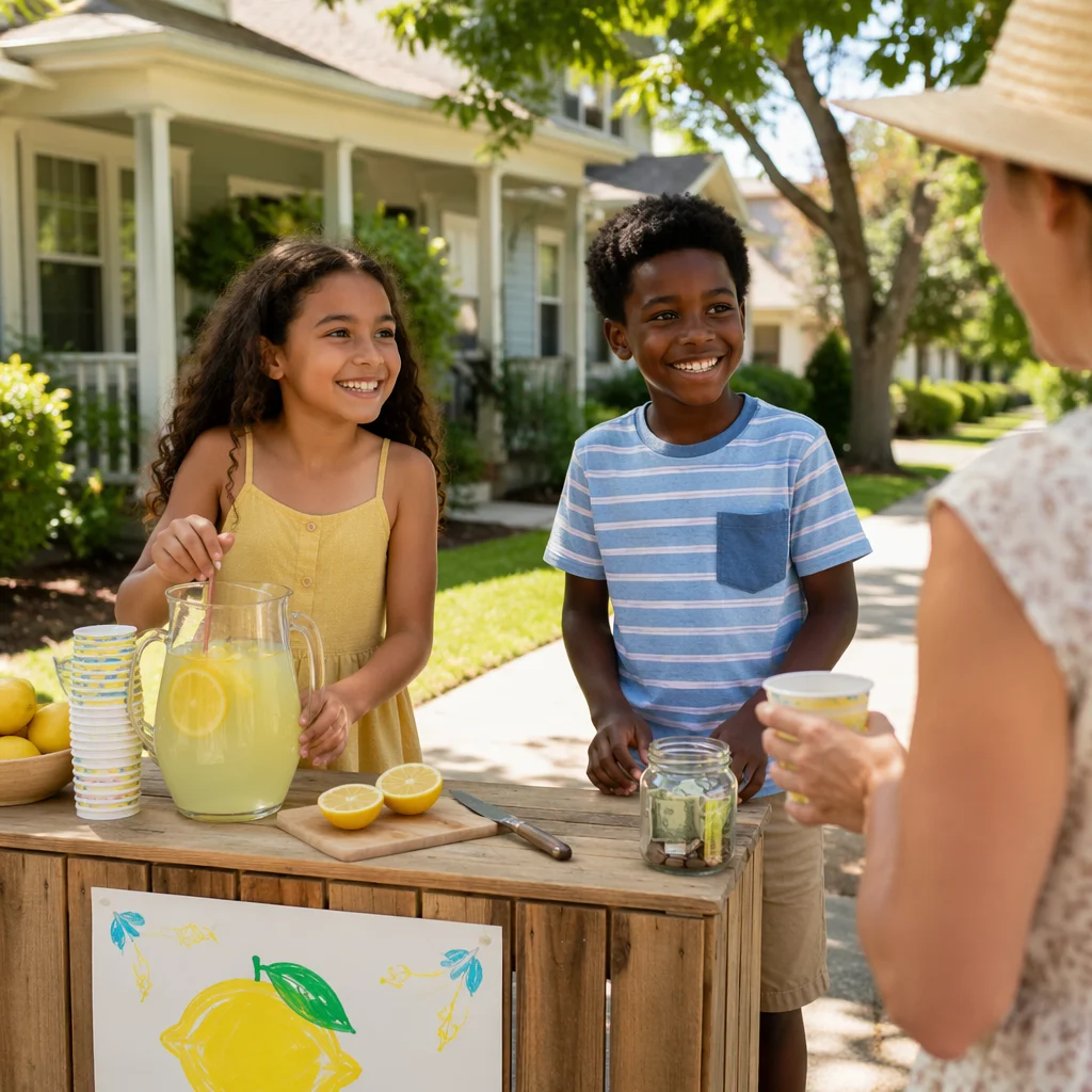 Children Running Lemonade Stand on Sidewalk