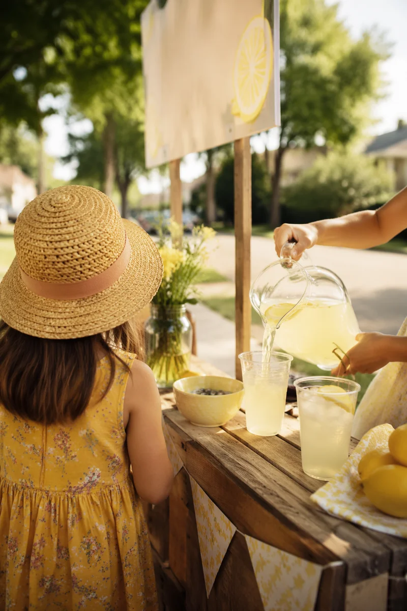 Children Running Lemonade Stand on Summer Sidewalk