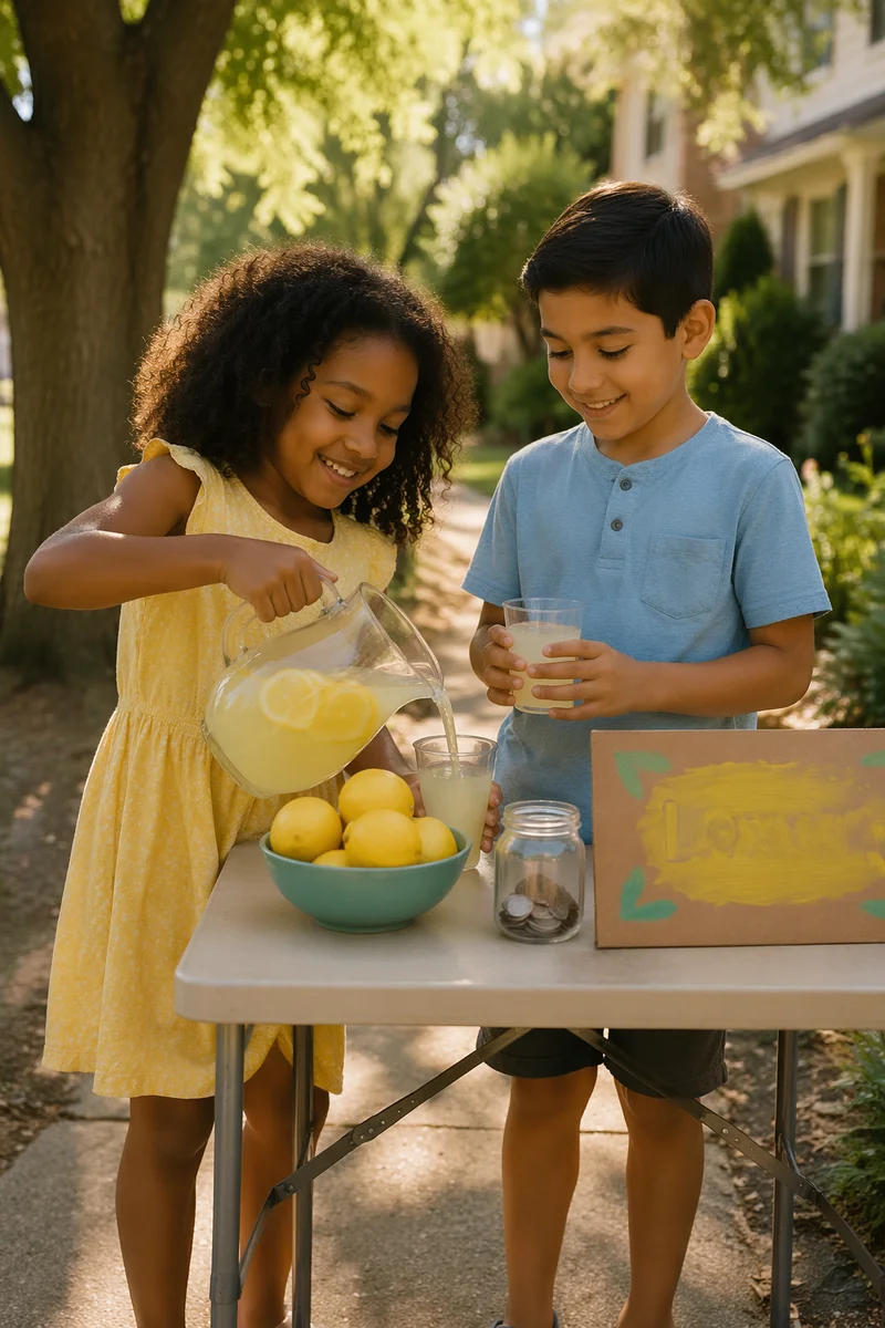 Children Running Lemonade Stand on Sidewalk