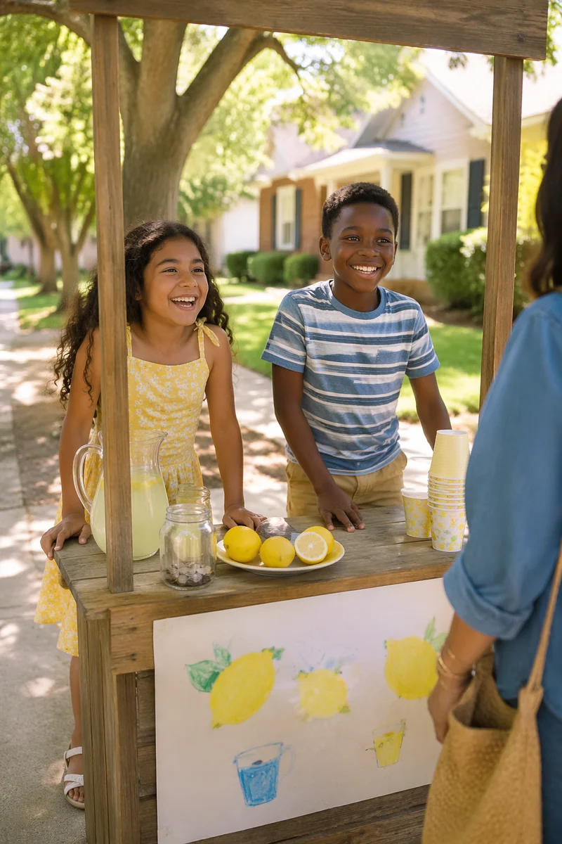 Children at Lemonade Stand on Sidewalk