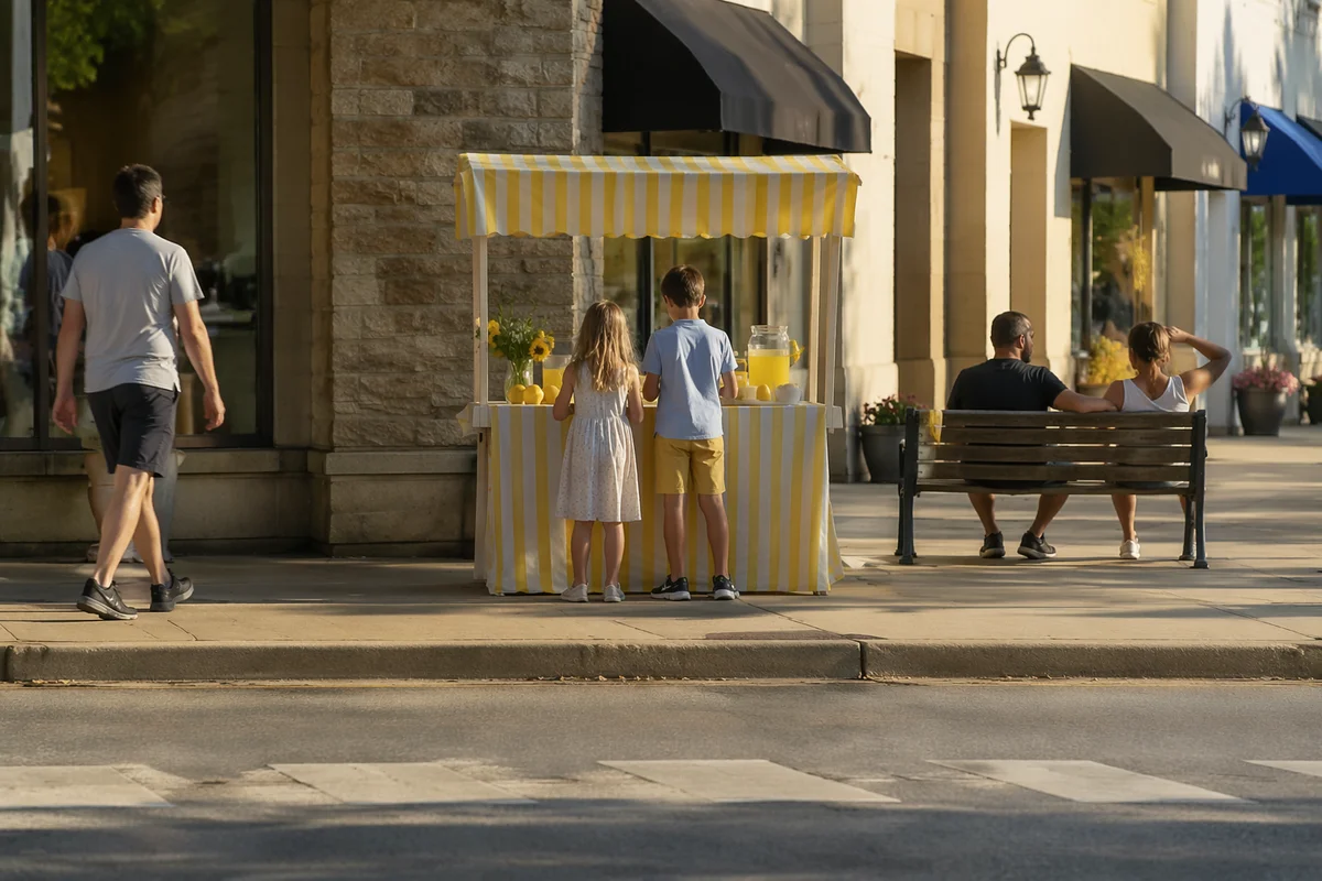 Children Running Lemonade Stand on Summer Sidewalk
