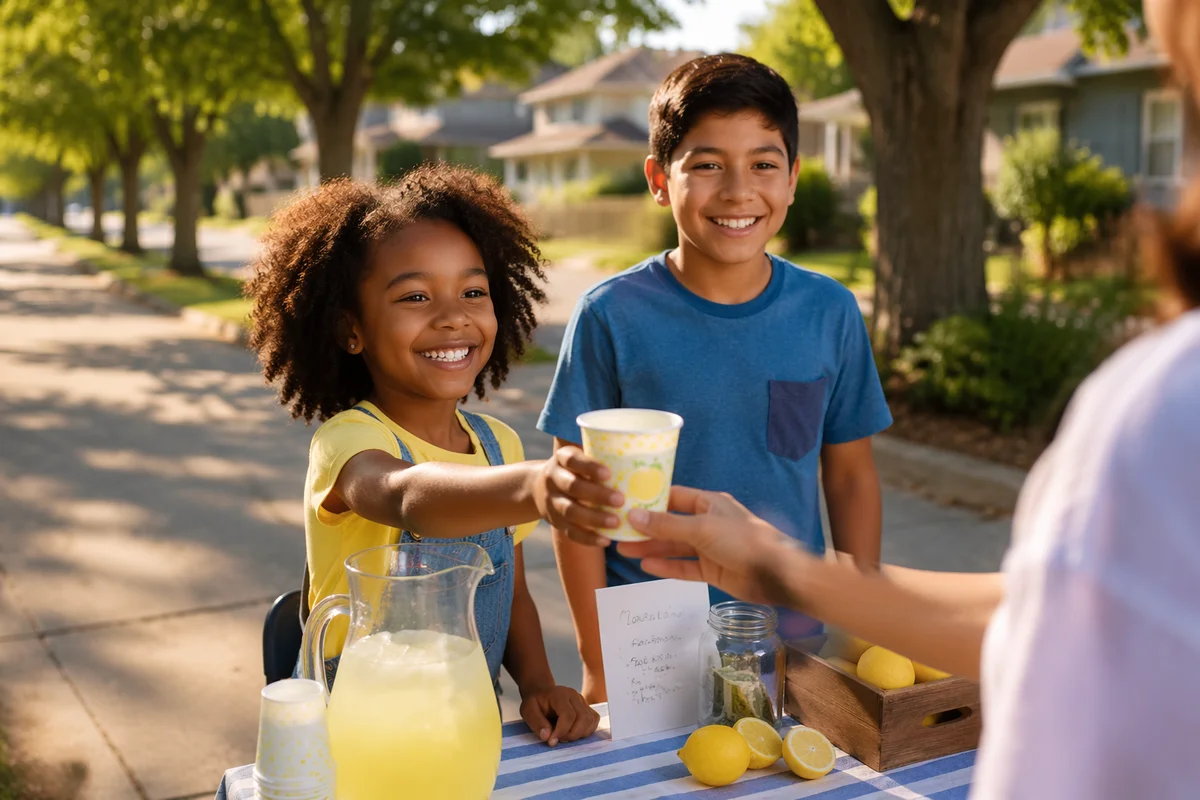 Children Running Lemonade Stand on Sidewalk