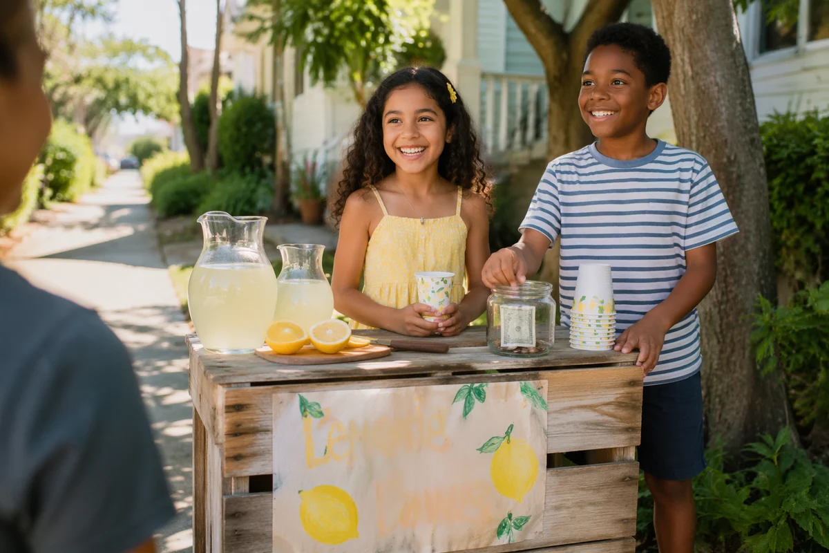 Children Running Lemonade Stand on Sidewalk