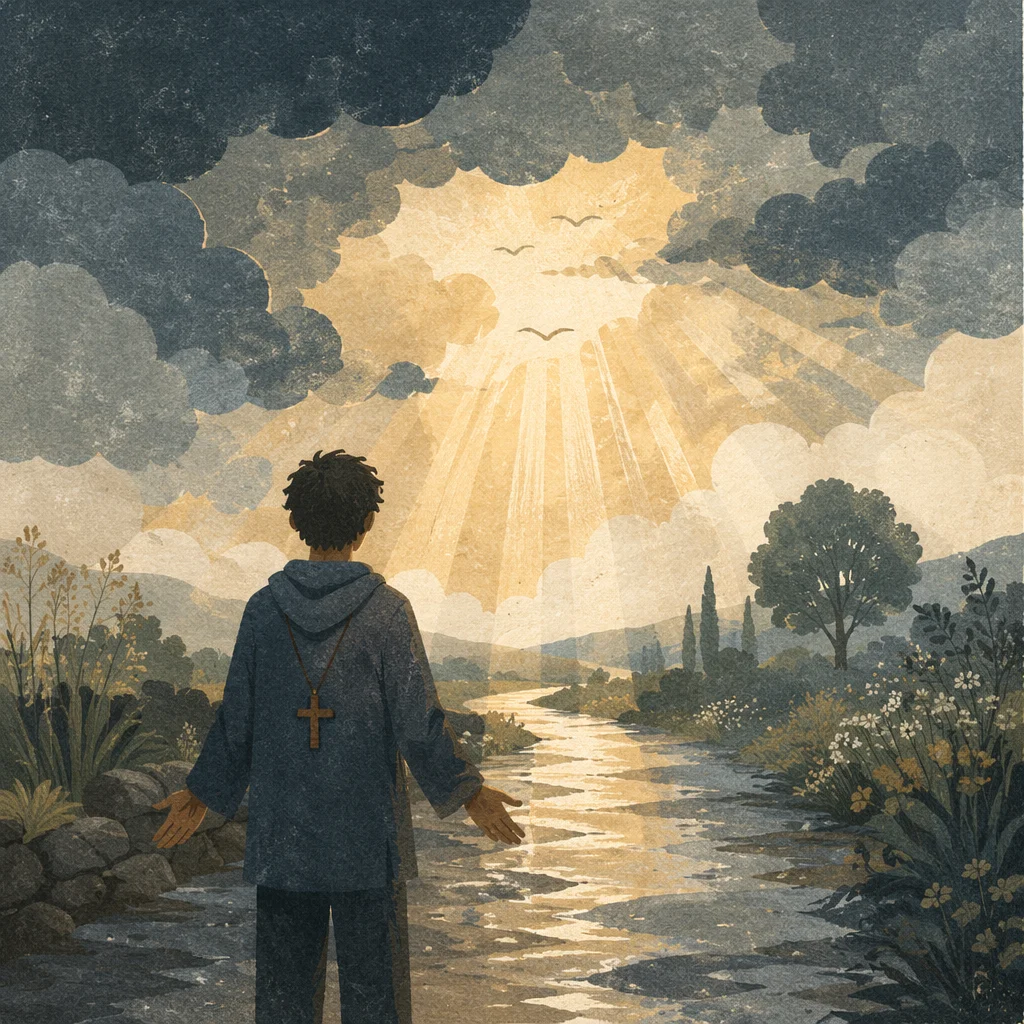 Hopeful Figure Beneath Sunlit Storm Clouds