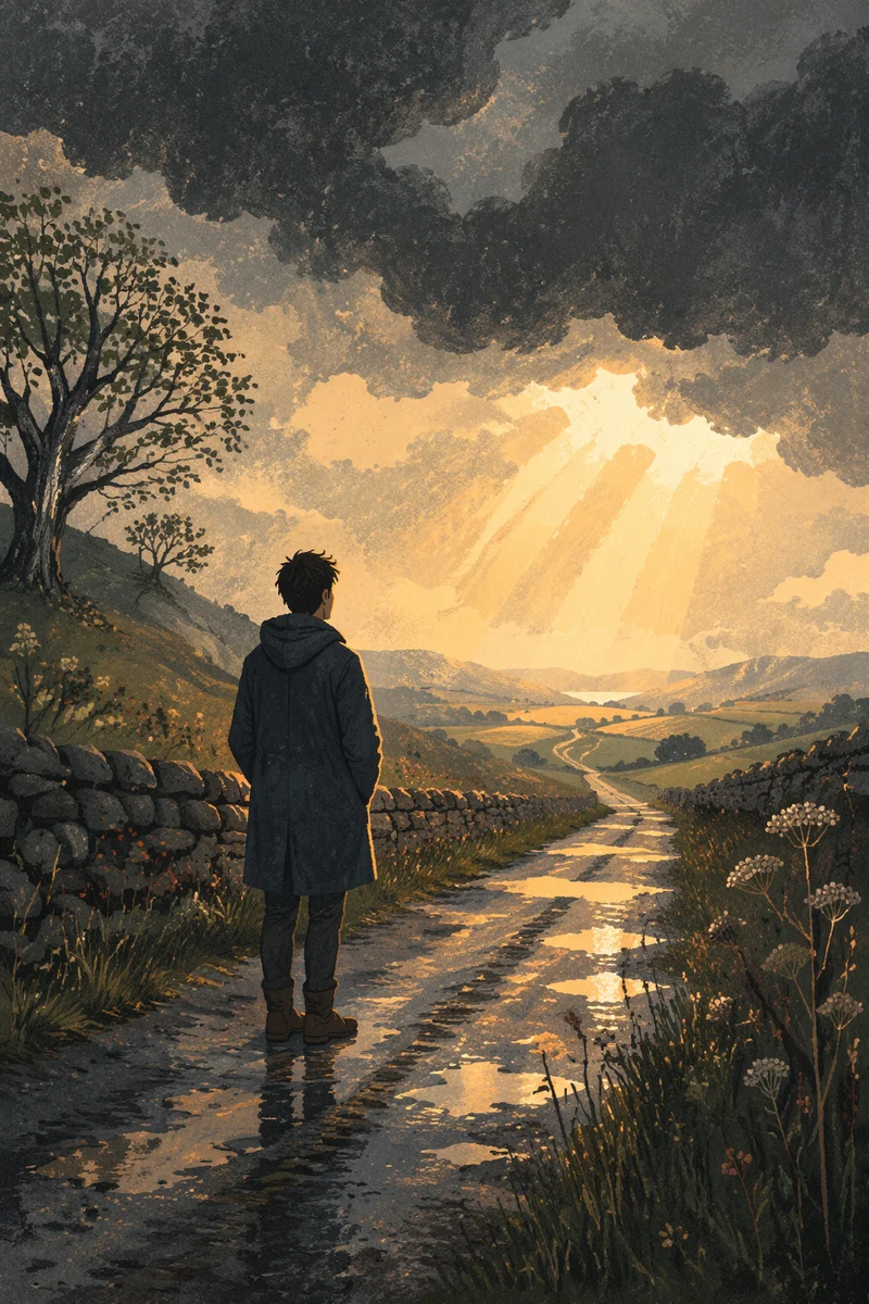 Solitary Figure Facing Hopeful Storm Light