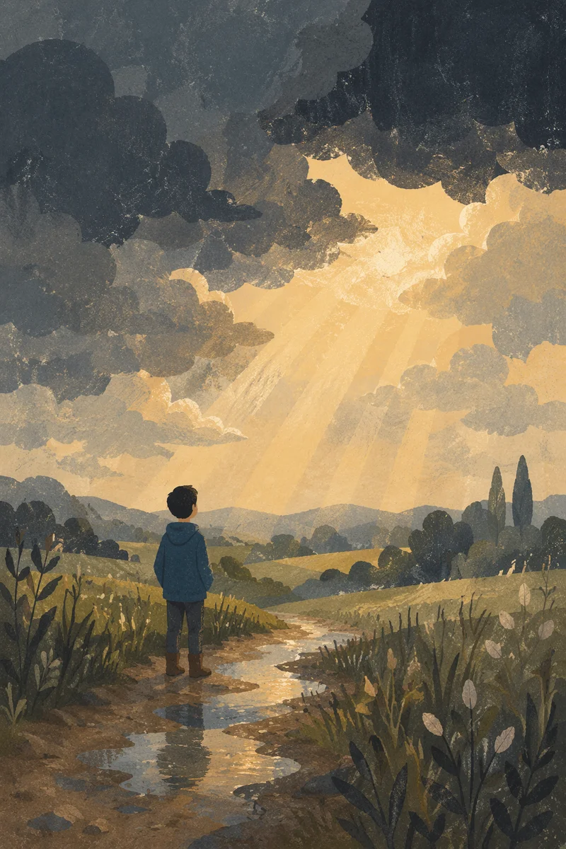 Sunlight Breaking Through Storm Clouds on Rural Path