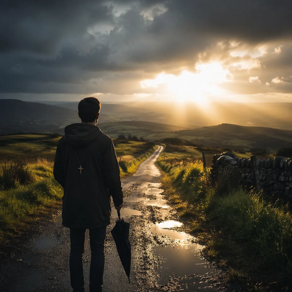 Sunlight Through Storm Clouds on Country Path