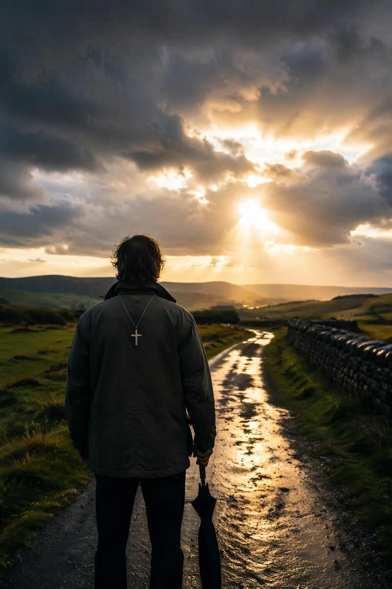 Sunlight Through Storm Clouds on Countryside Path