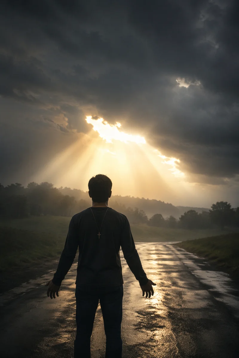Sunlight Through Storm Clouds Over Country Road