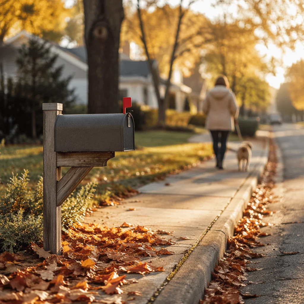 Raised Mailbox Flag on Quiet Autumn Street