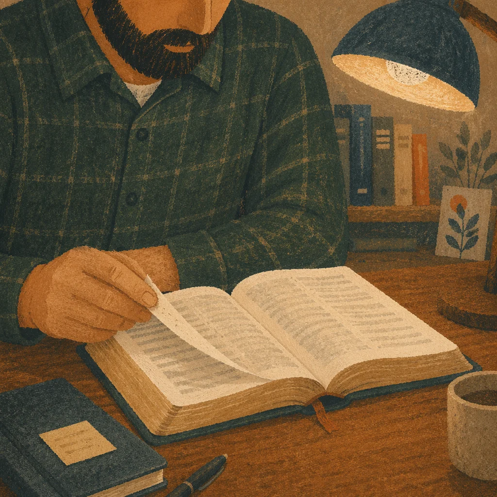 Man Reading Bible by Warm Desk Lamp