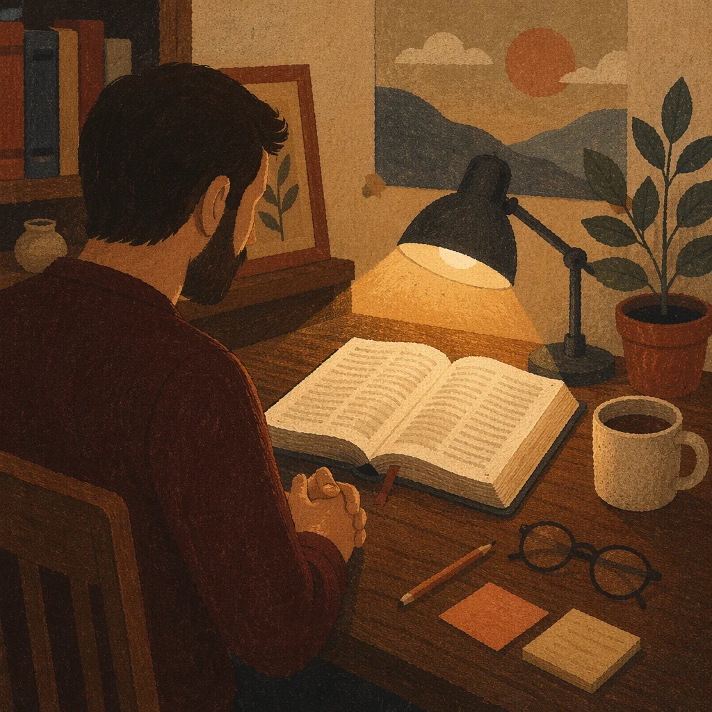 Man Reading Bible by Warm Desk Lamp