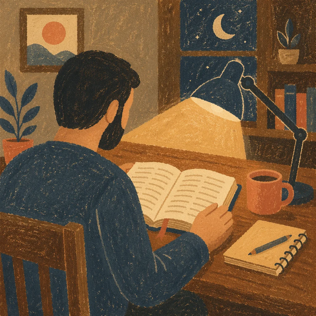 Man Reading Bible by Desk Lamp
