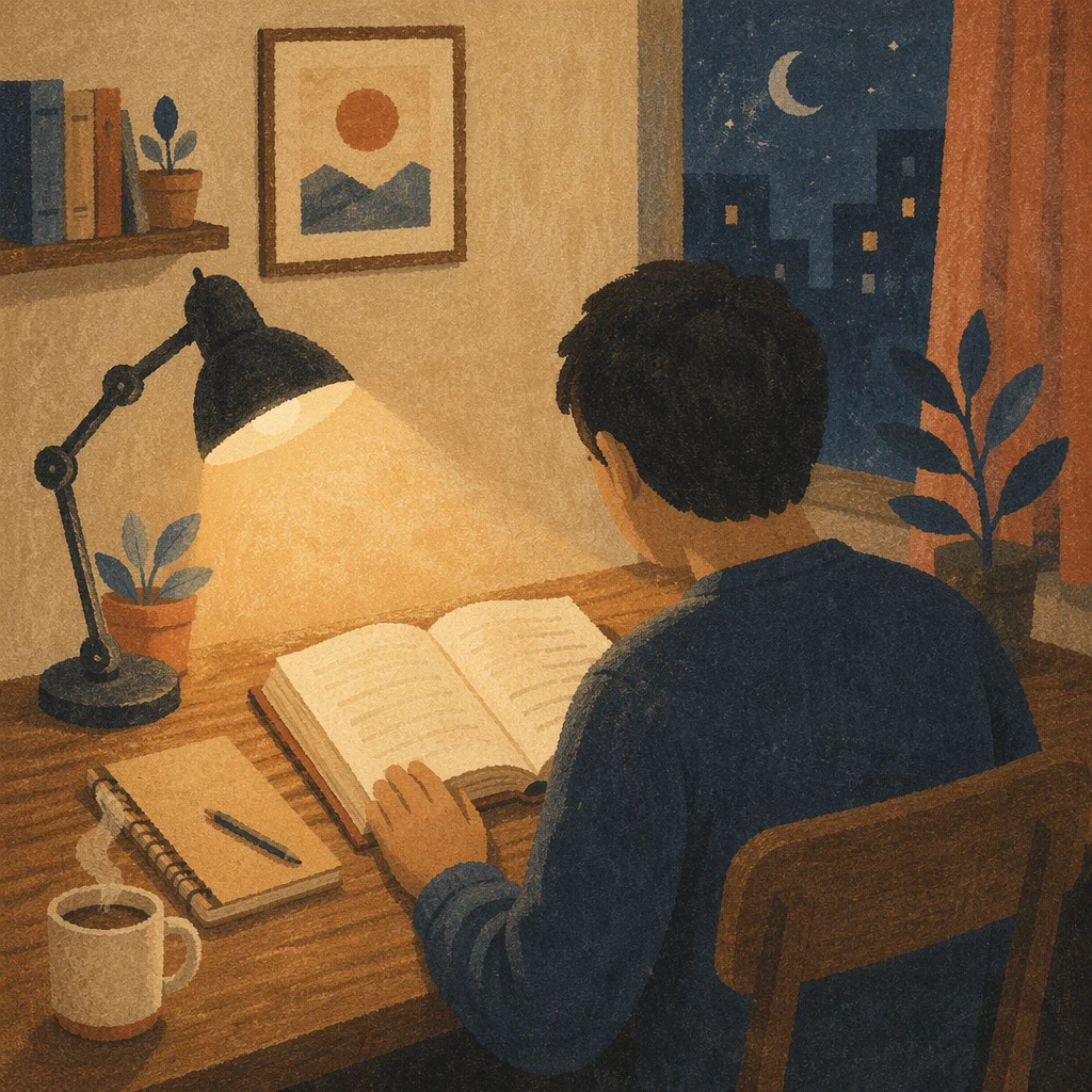 Man Reading Bible by Warm Desk Lamp