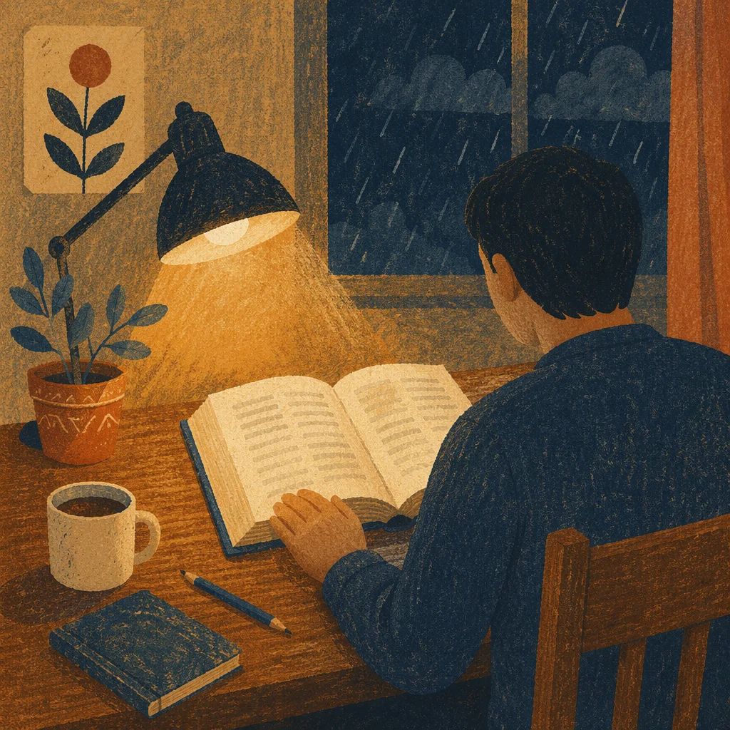 Man Reading Bible by Warm Desk Lamp
