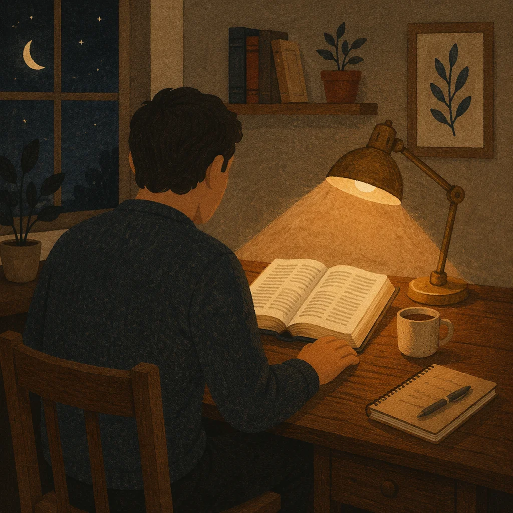 Man Reading Bible by Warm Desk Lamp