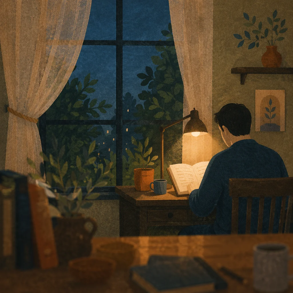 Man Reading Bible by Warm Desk Lamp