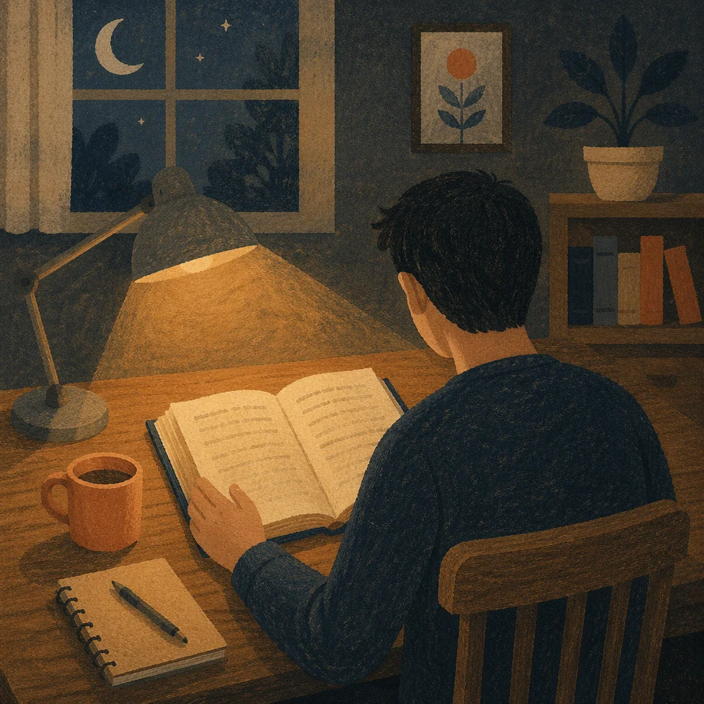 Man Reading Bible by Warm Desk Lamp