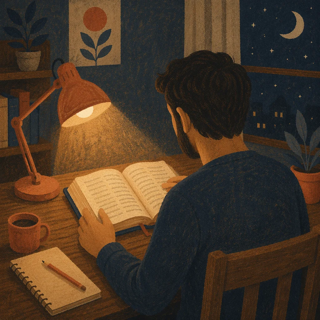 Man Reading Bible by Warm Desk Lamp