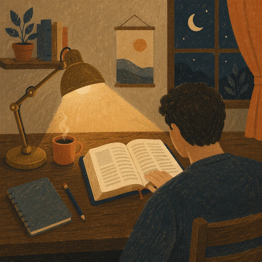Quiet Night Bible Study at Wooden Desk