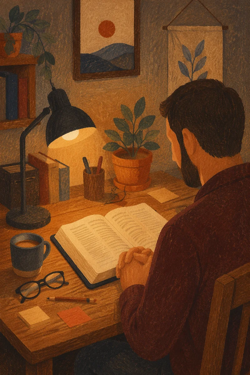 Man Reading Bible by Warm Desk Lamp