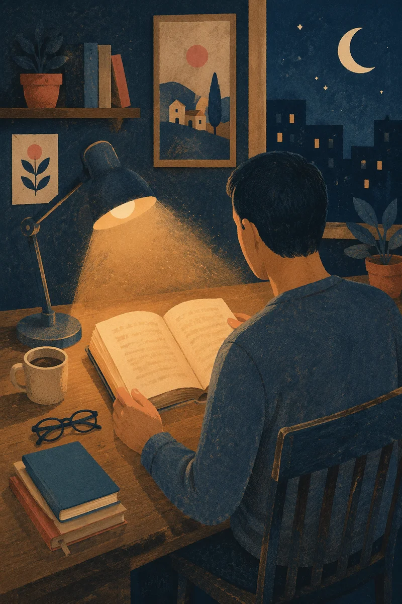 Man Reading Bible by Desk Lamp