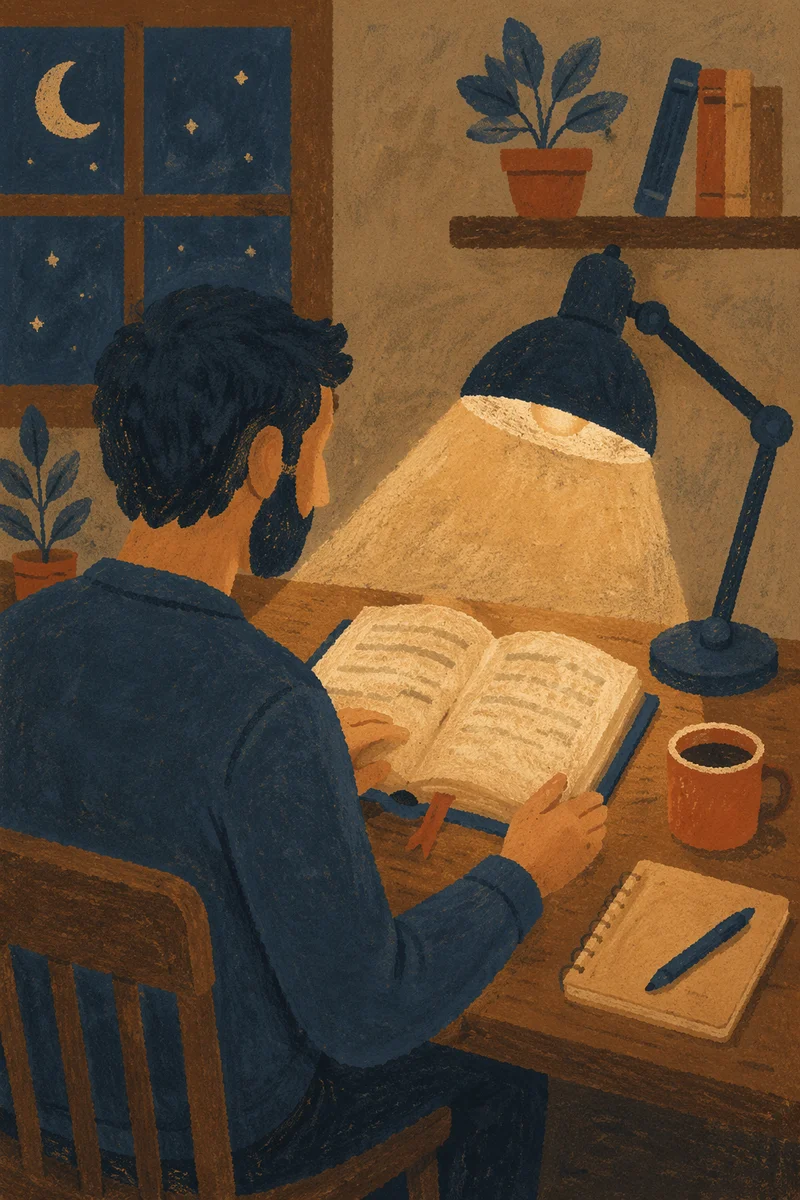 Man Reading Bible by Desk Lamp