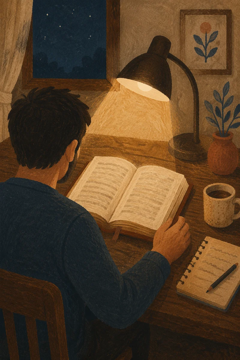 Man Reading Bible by Desk Lamp