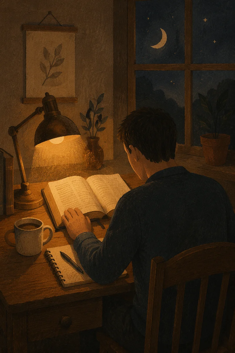 Quiet Night Bible Reading by Lamp Light