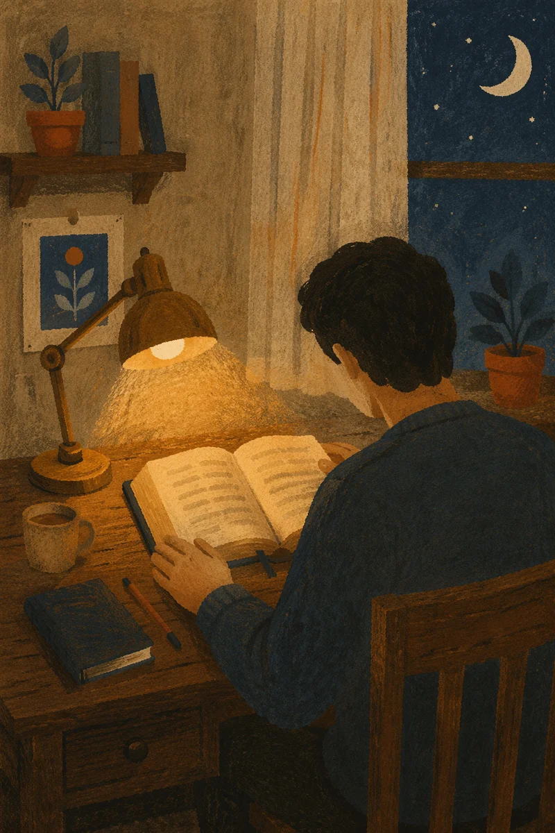 Man Reading Bible by Warm Desk Lamp