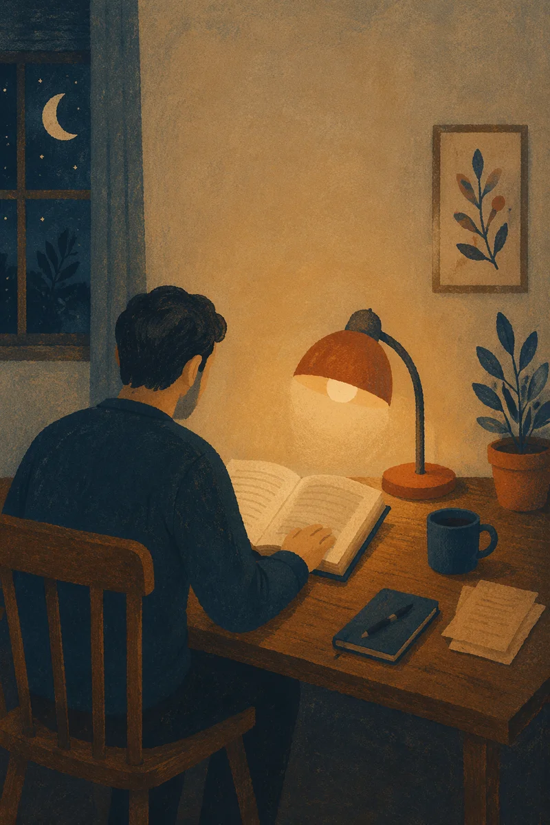 Man Reading Bible by Warm Desk Lamp