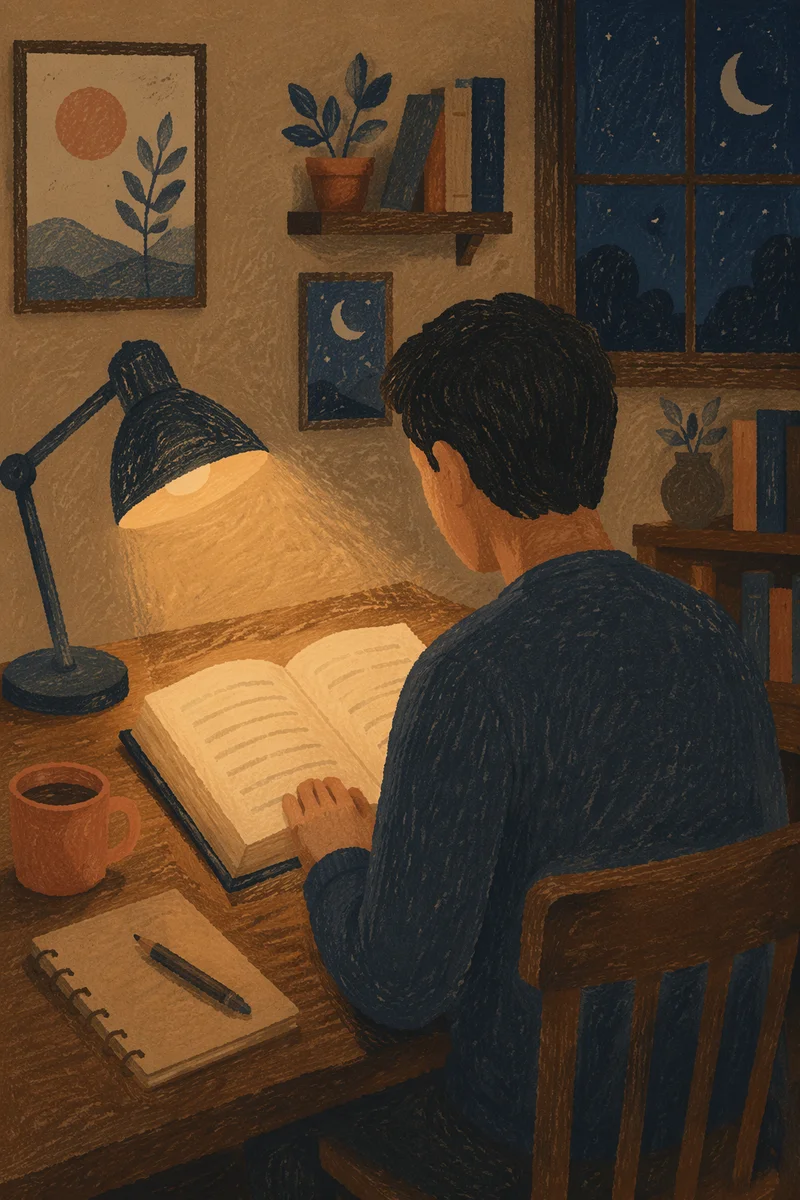 Man Reading Bible by Warm Desk Lamp