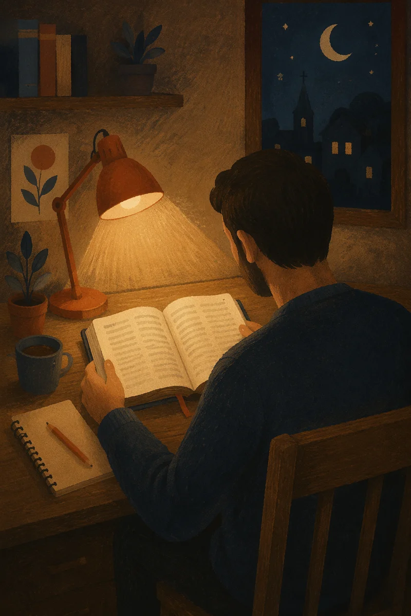 Man Reading Bible by Warm Desk Lamp