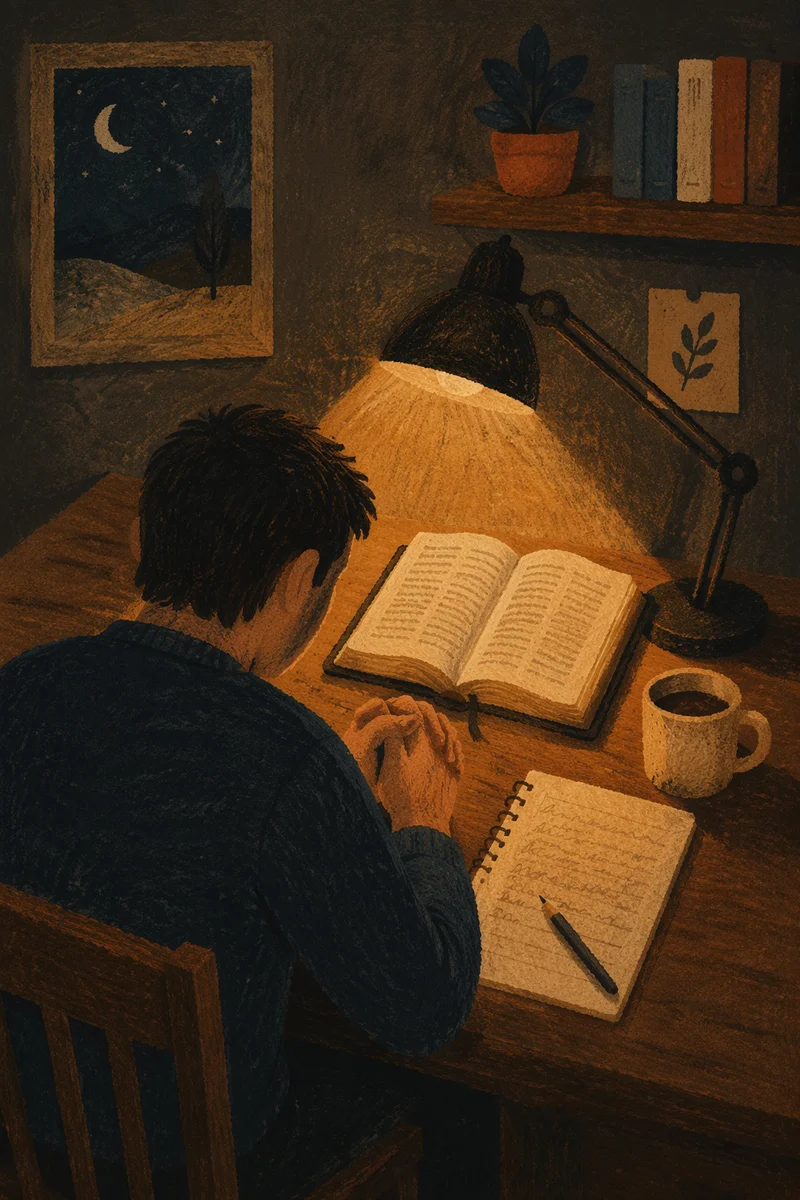 Man Reading Bible by Warm Desk Lamp