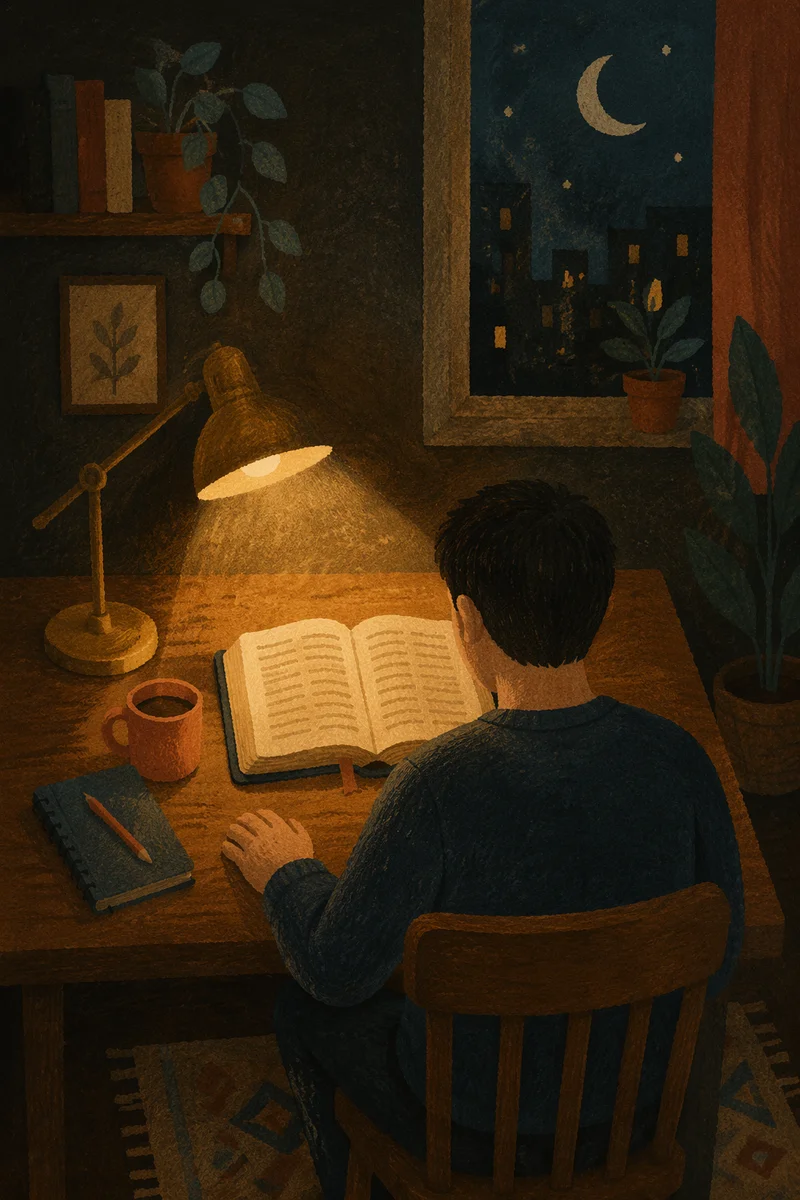 Man Reading Bible by Warm Desk Lamp