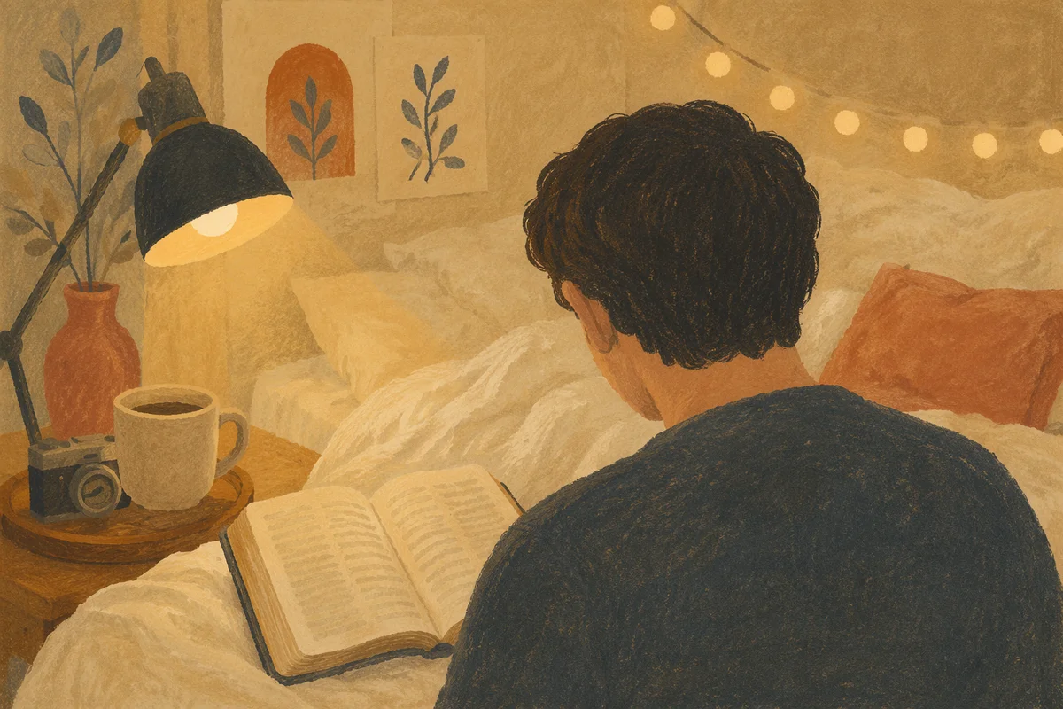 Man Reading Bible by Warm Lamp Light
