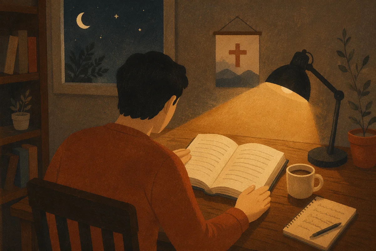 Man Reading Bible by Desk Lamp