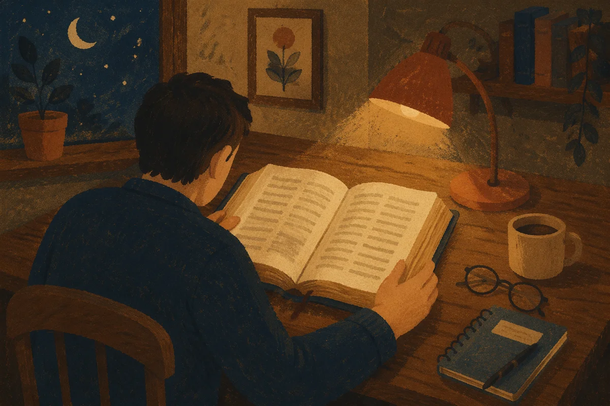Man Reading Bible by Desk Lamp