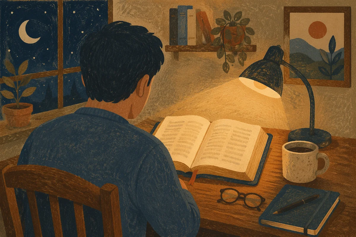Man Reading Bible by Desk Lamp