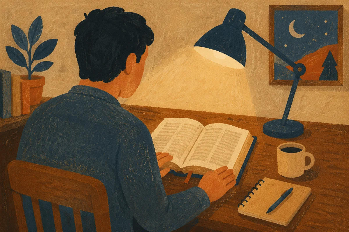 Man Reading Bible by Desk Lamp