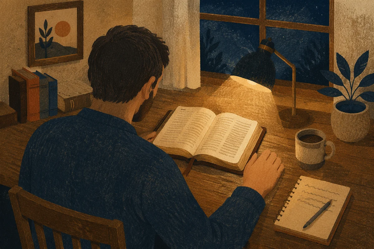 Man Reading Bible by Desk Lamp