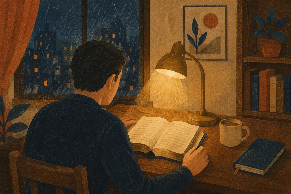 Man Reading Bible by Warm Desk Lamp